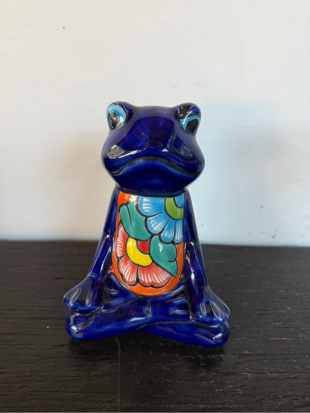 Hand-Painted Blue Talavera Yoga  Frog Figurine Decor with Floral Design
